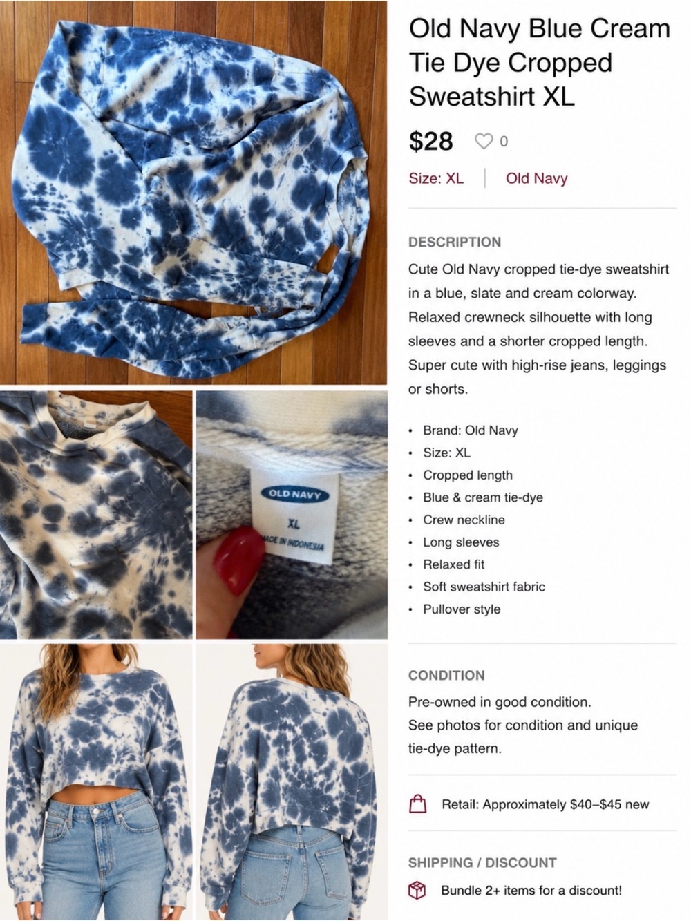 Old Navy Blue and Cream Tie-Dye Cropped Sweatshirt
